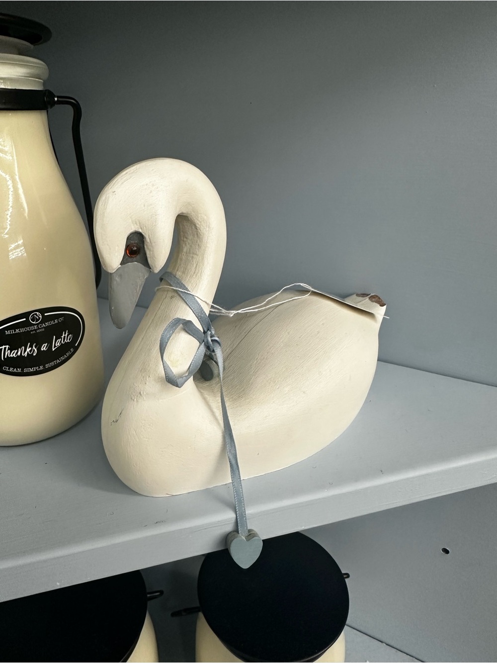 Vintage White Swan Figurine with Gray Ribbon